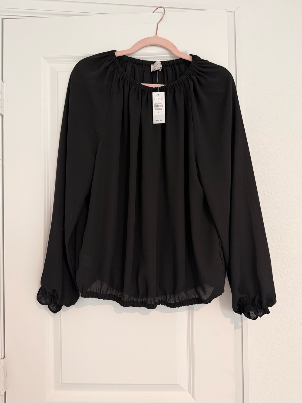 LOFT Black Elastic-Neck Long Sleeve Blouse